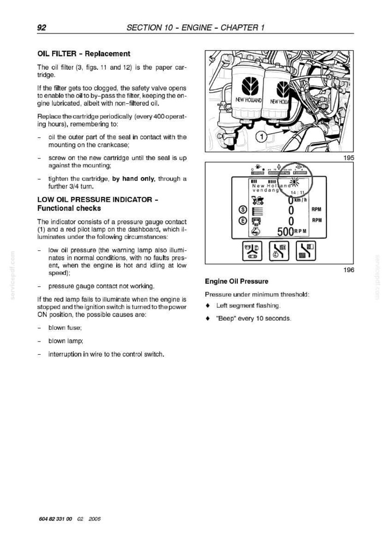 May include: Page from an engine repair manual with diagrams and text. Includes instructions for oil filter replacement and low oil pressure indicator checks. Features a dashboard display and engine components.