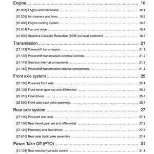 May include: A page from a manual titled "Contents" with a list of engine, transmission, and axle system components. The text includes section numbers and page numbers, such as "Engine and crankcase 10.1". The document's date is 04/10/2013.