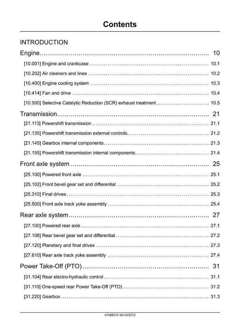 May include: A page from a manual titled "Contents" with a list of engine, transmission, and axle system components. The text includes section numbers and page numbers, such as "Engine and crankcase 10.1". The document's date is 04/10/2013.