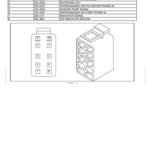 May include: Diagram of a connector labelled "CONNECTOR X-503 - WIPER/WASHER SWITCH." The diagram includes a table with pin numbers, wire numbers, and circuit references. A 3D illustration of the connector is also shown.