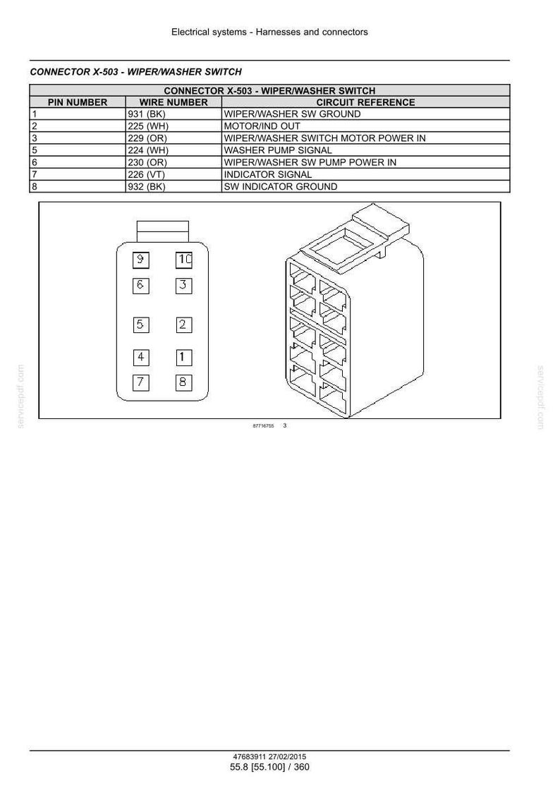May include: Diagram of a connector labelled "CONNECTOR X-503 - WIPER/WASHER SWITCH." The diagram includes a table with pin numbers, wire numbers, and circuit references. A 3D illustration of the connector is also shown.