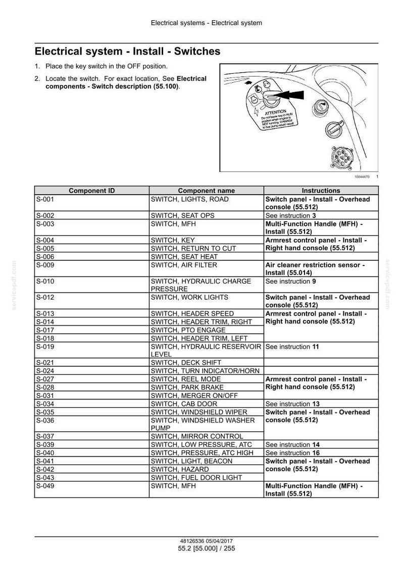 May include: A detailed diagram of an electrical system, focusing on switch installation. The image includes a component ID list, component names, and installation instructions. The text is in black and white.