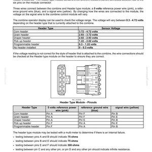 May include: Diagram of a header feeding sensor module, detailing pinouts and voltage ranges for various header types. Includes a 5 volts reference power wire, reference ground wire, and signal wire. Text includes testing instructions.