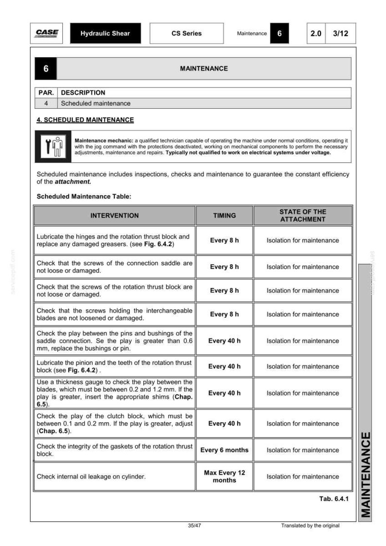 May include: A page from a CASE Hydraulic Shear CS Series maintenance manual. The document details scheduled maintenance procedures, including lubrication, checks, and inspections. The table lists interventions, timing, and the state of the attachment.