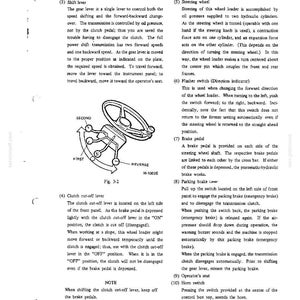 K&ouml;nnte beinhalten: Eine Seite aus einem technischen Handbuch mit dem Titel Operation, die eine schwarz-wei&szlig;e Strichzeichnung eines Lenkrads und eines Schalthebels mit den Bezeichnungen First, Second, Reverse und N zeigt. Der Text enth&auml;lt Bedienhinweise.
