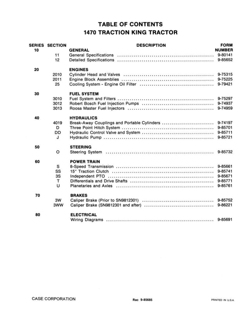 Puede incluir: Tabla de contenidos impresa para el tractor 1470 Traction King, que enumera secciones como Motores, Sistema de combustible, Hidr&aacute;ulica y Tren de potencia. El documento incluye n&uacute;meros de formulario y est&aacute; impreso en EE. UU.