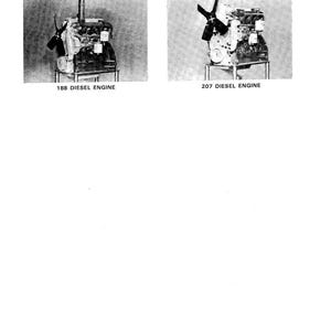 May include: Two black and white images of diesel engines. The left image is labeled "188 DIESEL ENGINE" and the right image is labeled "207 DIESEL ENGINE". Both engines have a fan and are mounted on a metal stand.