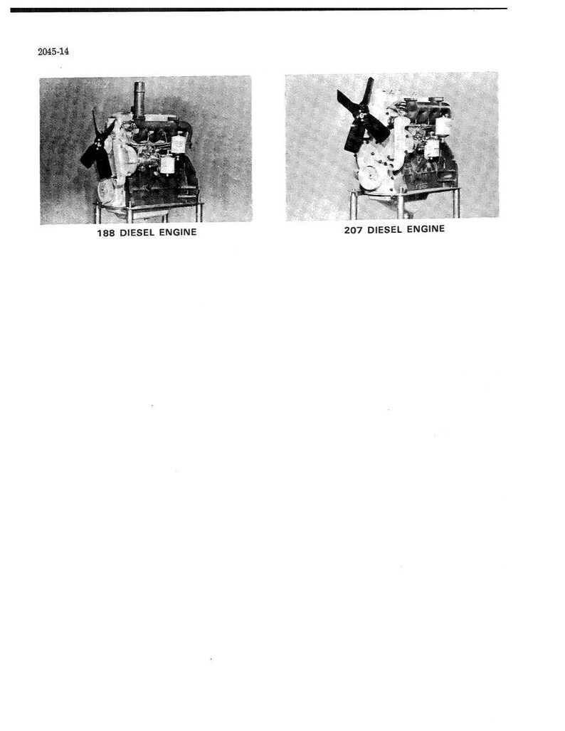 May include: Two black and white images of diesel engines. The left image is labeled "188 DIESEL ENGINE" and the right image is labeled "207 DIESEL ENGINE". Both engines have a fan and are mounted on a metal stand.