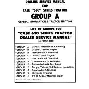 Pode incluir: Um manual em preto e branco intitulado "Manual de Servi&ccedil;o de Revendedores para o Trator Case '630' Series". O manual inclui uma lista de grupos, como "Informa&ccedil;&otilde;es Gerais e Divis&atilde;o" e "Motor a Gasolina G188B".