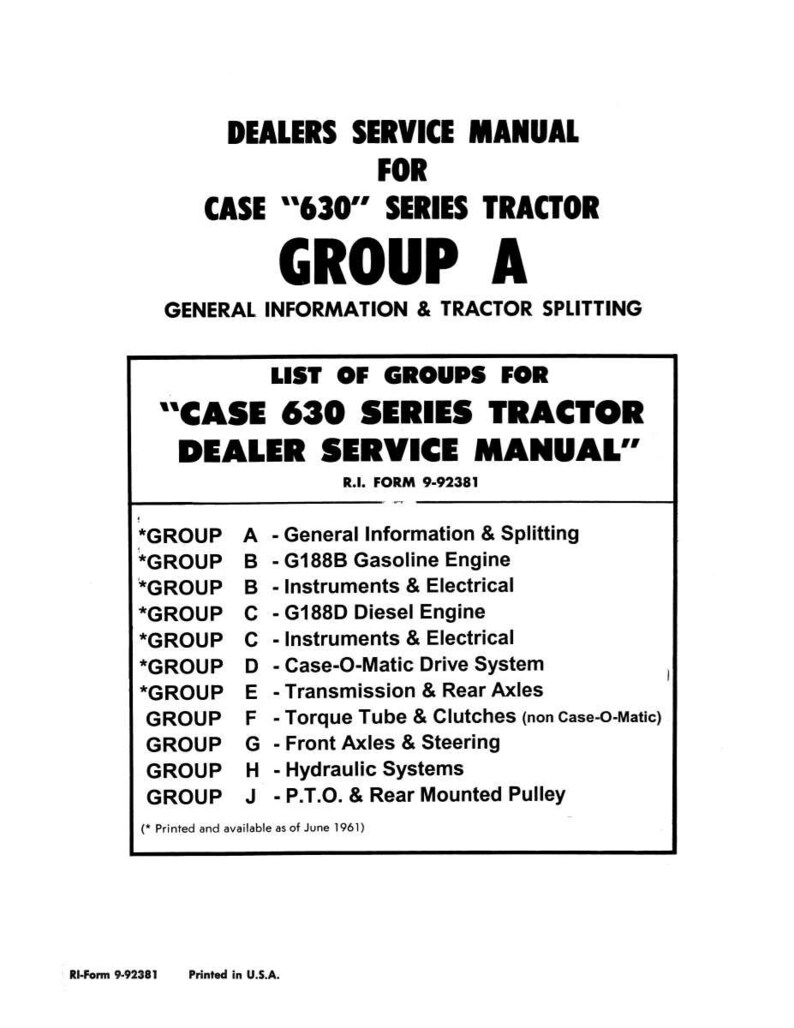 Pode incluir: Um manual em preto e branco intitulado "Manual de Servi&ccedil;o de Revendedores para o Trator Case '630' Series". O manual inclui uma lista de grupos, como "Informa&ccedil;&otilde;es Gerais e Divis&atilde;o" e "Motor a Gasolina G188B".
