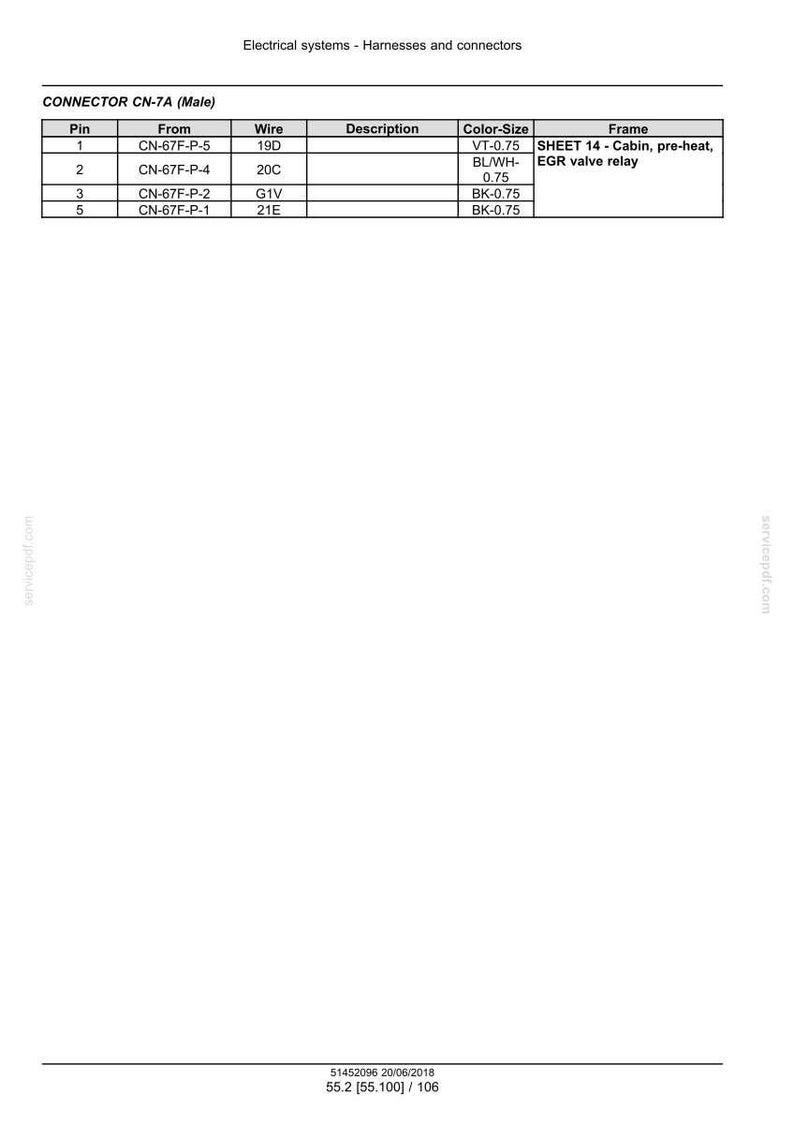 May include: Diagram of a connector labeled CN-7A (Male) with a table detailing pin numbers, wire types, and descriptions. The table includes color-size specifications and frame references for electrical systems.