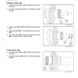 Puede incluir: Diagrama de montaje de un tambor de compactaci&oacute;n, que detalla el eje vibrador y los componentes del lado del motor de desplazamiento. Incluye instrucciones para calentar los rodamientos a 100&deg;C y asegurar las piezas con tuercas y pesta&ntilde;as de bloqueo.