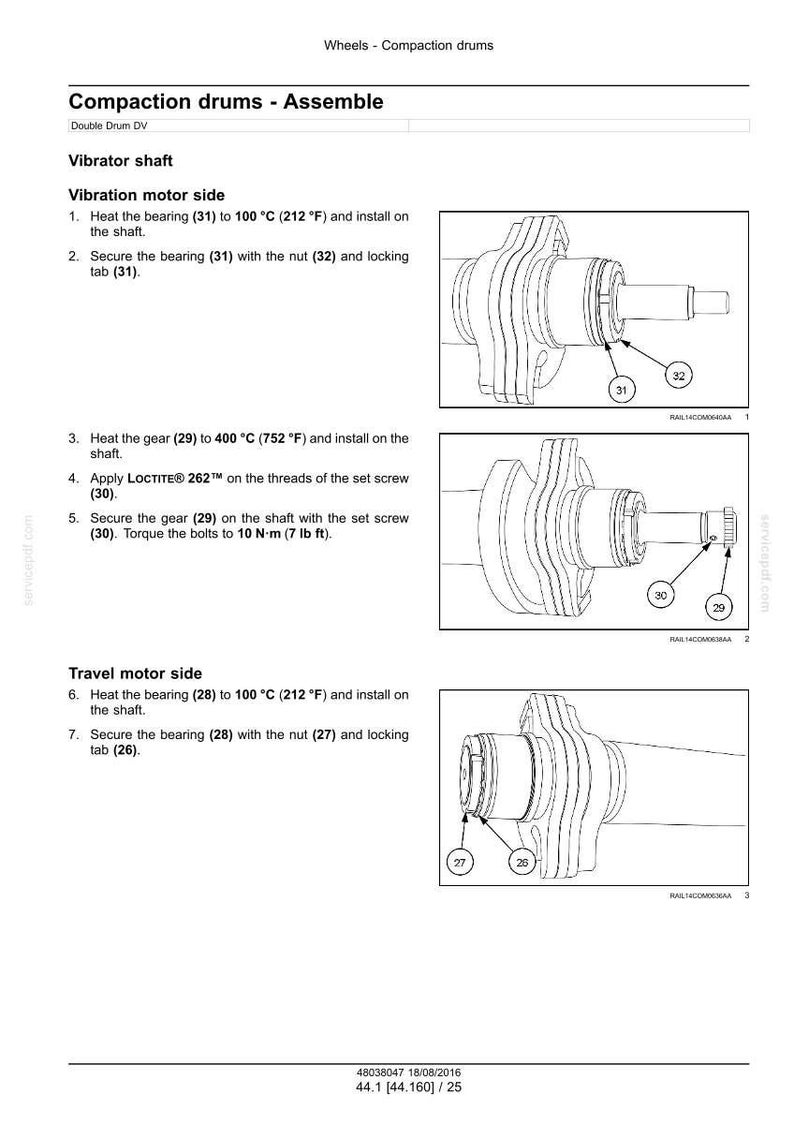 Puede incluir: Diagrama de montaje de un tambor de compactaci&oacute;n, que detalla el eje vibrador y los componentes del lado del motor de desplazamiento. Incluye instrucciones para calentar los rodamientos a 100&deg;C y asegurar las piezas con tuercas y pesta&ntilde;as de bloqueo.