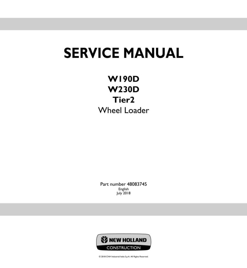 May include: A white service manual cover with the text "SERVICE MANUAL" in bold black letters. Below, the text reads "W190D W230D Tier2 Wheel Loader." The bottom of the cover includes the New Holland Construction logo and part number.