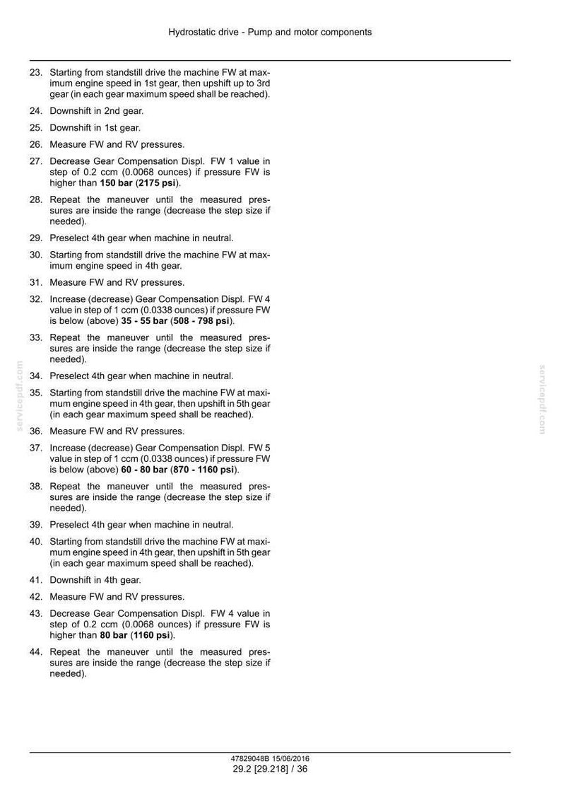 May include: Document detailing hydrostatic drive pump and motor components, including instructions for gear compensation and pressure measurements. Text includes measurements in ounces and psi.