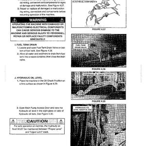 Może przedstawiać: Strona z instrukcji technicznej zatytułowana Section IV- MAINTENANCE, zawierająca czarno-białe schematy i instrukcje tekstowe dotyczące kontroli elektryki silnika, opr&oacute;żniania zbiornika paliwa oraz sprawdzania poziomu oleju hydraulicznego.