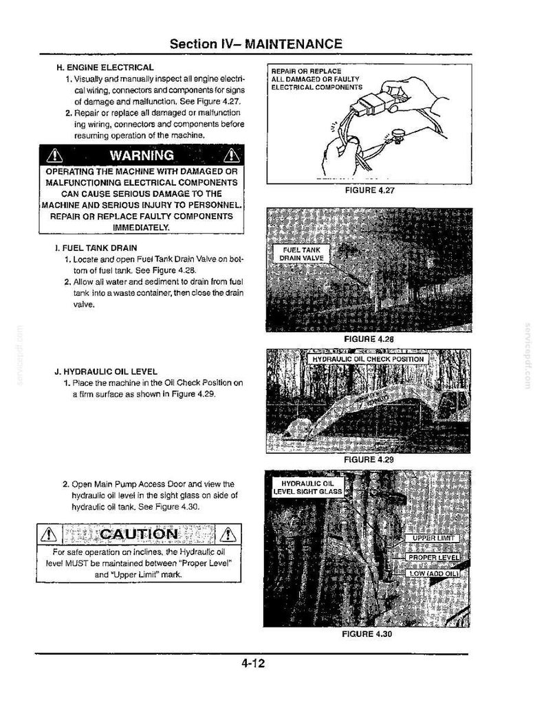 Może przedstawiać: Strona z instrukcji technicznej zatytułowana Section IV- MAINTENANCE, zawierająca czarno-białe schematy i instrukcje tekstowe dotyczące kontroli elektryki silnika, opr&oacute;żniania zbiornika paliwa oraz sprawdzania poziomu oleju hydraulicznego.