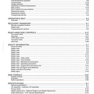 May include: A detailed table of contents from an equipment manual, featuring sections on operating instructions, safety information, and specifications. The text is black on a white background, with page numbers aligned to the right.