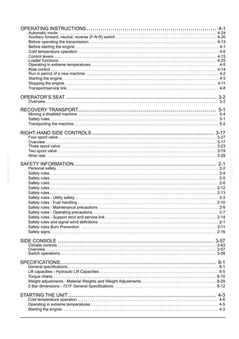 May include: A detailed table of contents from an equipment manual, featuring sections on operating instructions, safety information, and specifications. The text is black on a white background, with page numbers aligned to the right.