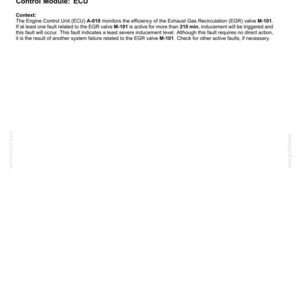 May include: A document detailing electrical system fault codes. The text includes "17423 - SCR inducement: level 1 (torque reduction), triggered by EGR valve blocked fault." Additional text explains the context and control module.