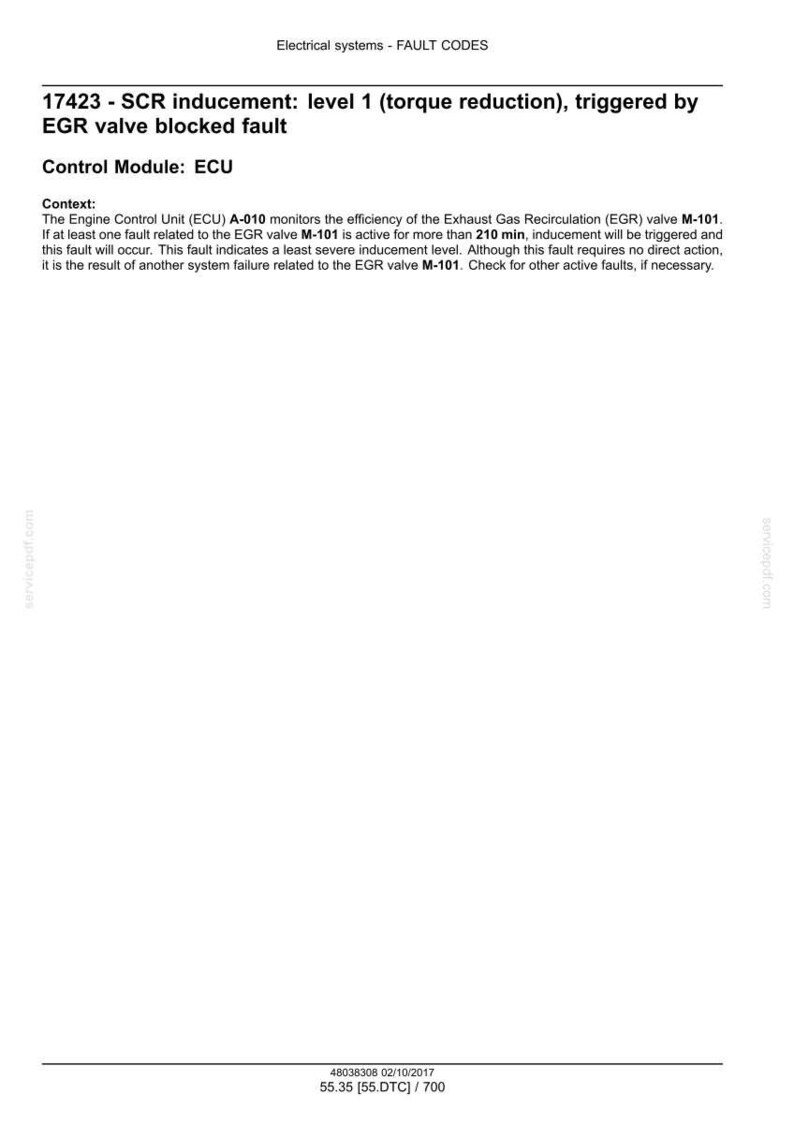 May include: A document detailing electrical system fault codes. The text includes "17423 - SCR inducement: level 1 (torque reduction), triggered by EGR valve blocked fault." Additional text explains the context and control module.