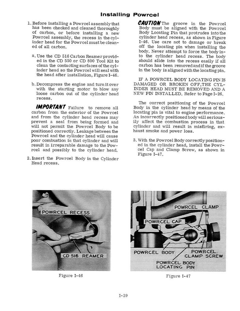 May include: Diagrams and instructions for installing a Powrcel assembly. Includes illustrations of the CD 516 Carbon Reamer and the Powrcel Body, Cap, and Clamp Screw. Text details the installation steps and cautions.