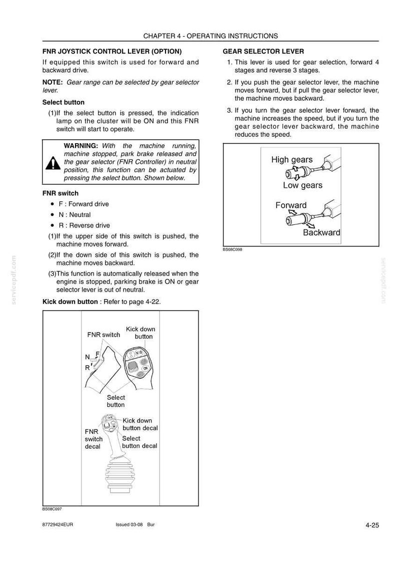 May include: Diagram of operating instructions for a machine, including the FNR joystick control lever and gear selector lever. The diagram includes illustrations of the levers and buttons, with text descriptions.