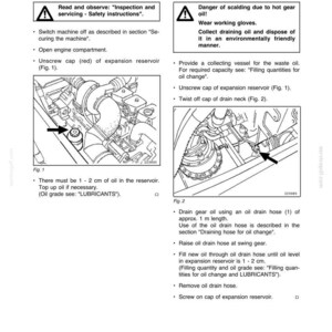 May include: Page from an operating instructions manual for a swing gear, with diagrams and text detailing oil level checks and oil changes. Includes warnings about safety and scalding hazards.