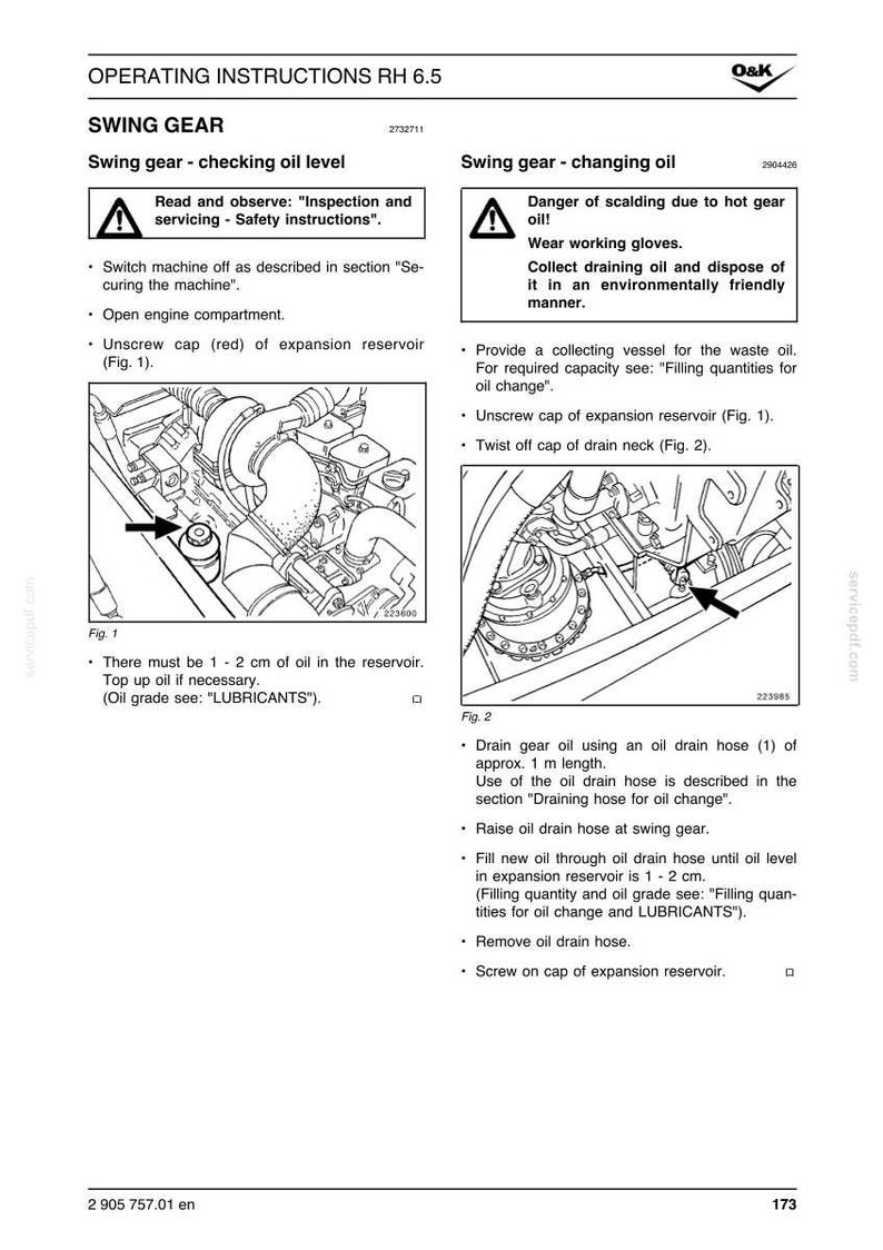 May include: Page from an operating instructions manual for a swing gear, with diagrams and text detailing oil level checks and oil changes. Includes warnings about safety and scalding hazards.