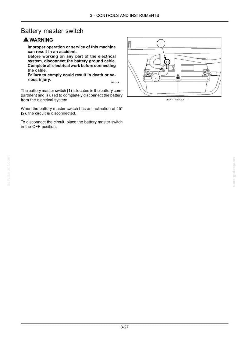 Pu&ograve; includere: Schema di un interruttore principale della batteria con etichette e un avvertimento sul funzionamento improprio. L'immagine include un primo piano dell'interruttore e testo che spiega la sua funzione e le precauzioni di sicurezza. Il testo include le parole "AVVERTENZA" e "OFF".