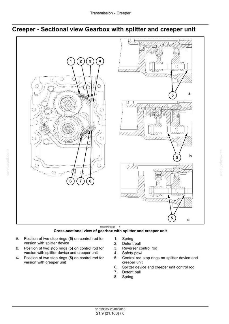 May include: Sectional view of a gearbox with splitter and creeper unit, featuring labeled components like springs, detent balls, and control rods. The diagram includes cross-sectional views and a parts list.
