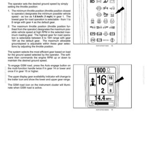May include: A technical document page titled 4 - OPERATING INSTRUCTIONS detailing Ground Speed Management (GSM) road. It includes text, a diagram of a control panel with icons, and a digital display showing 1800 RPM, gear 16, and 14.4 MPH.
