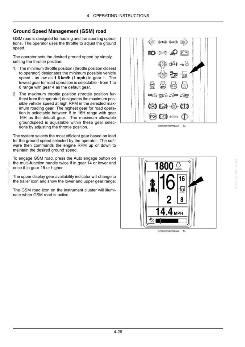 May include: A technical document page titled 4 - OPERATING INSTRUCTIONS detailing Ground Speed Management (GSM) road. It includes text, a diagram of a control panel with icons, and a digital display showing 1800 RPM, gear 16, and 14.4 MPH.