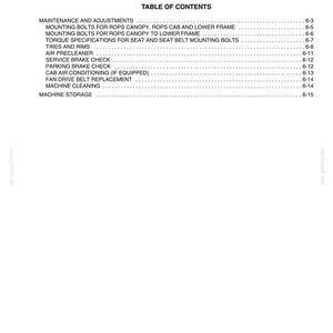 May include: A white document page with the title "Chapter 6 MAINTENANCE AND ADJUSTMENTS" and a table of contents. The table lists topics such as "Mounting Bolts", "Tires and Rims", and "Machine Storage".