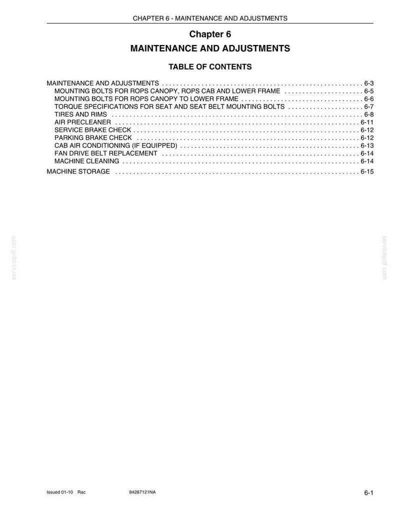 May include: A white document page with the title "Chapter 6 MAINTENANCE AND ADJUSTMENTS" and a table of contents. The table lists topics such as "Mounting Bolts", "Tires and Rims", and "Machine Storage".