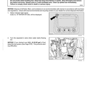 May include: Diagram illustrating a water separator with a warning about flammable fuel. The image includes a schematic of a control panel with a yellow indicator light and a diagram of the separator's valve.