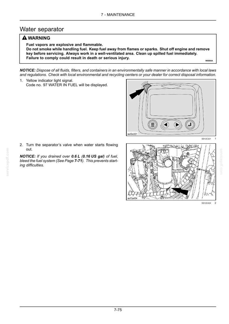 May include: Diagram illustrating a water separator with a warning about flammable fuel. The image includes a schematic of a control panel with a yellow indicator light and a diagram of the separator's valve.