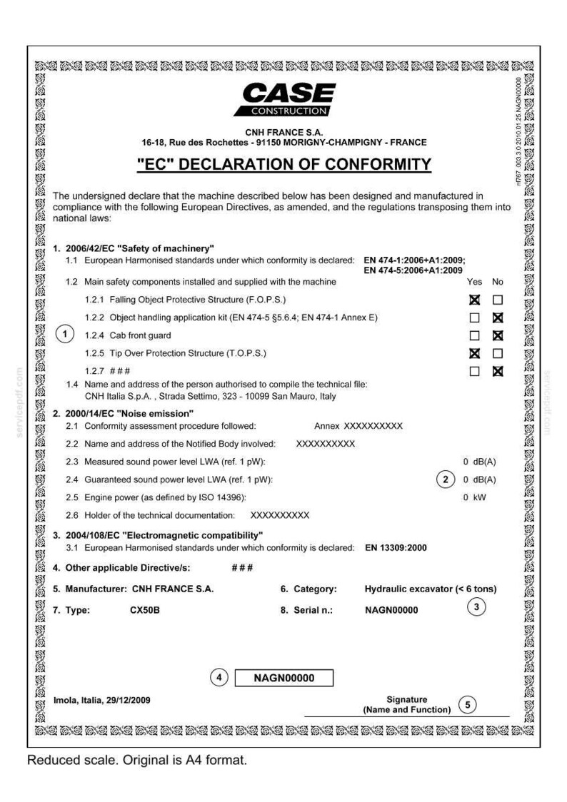 May include: A document from CASE CONSTRUCTION, an EC Declaration of Conformity, with text and a logo. The document includes details about safety standards, noise emission, and electromagnetic compatibility for a CX50B hydraulic excavator.