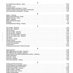 May include: Index page from a manual, featuring a list of automotive maintenance and inspection topics. The text is organized alphabetically, with page numbers on the right. Topics include engine, battery, and filter maintenance.