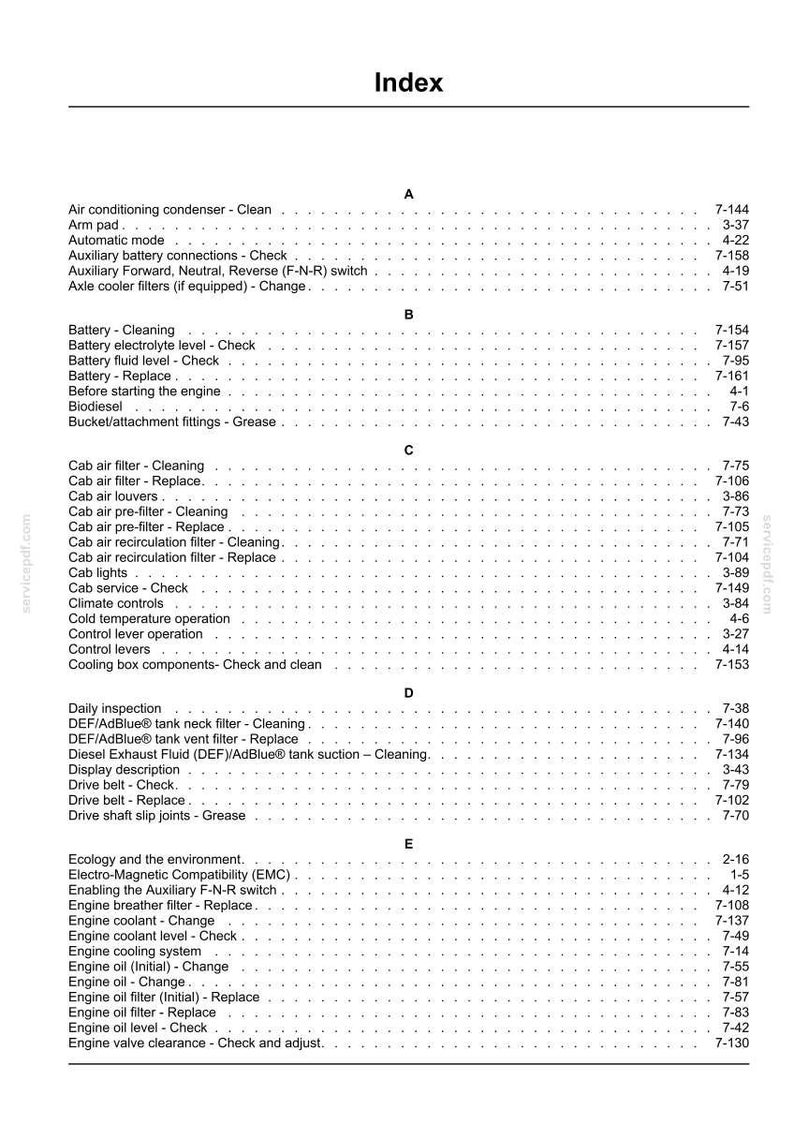 May include: Index page from a manual, featuring a list of automotive maintenance and inspection topics. The text is organized alphabetically, with page numbers on the right. Topics include engine, battery, and filter maintenance.