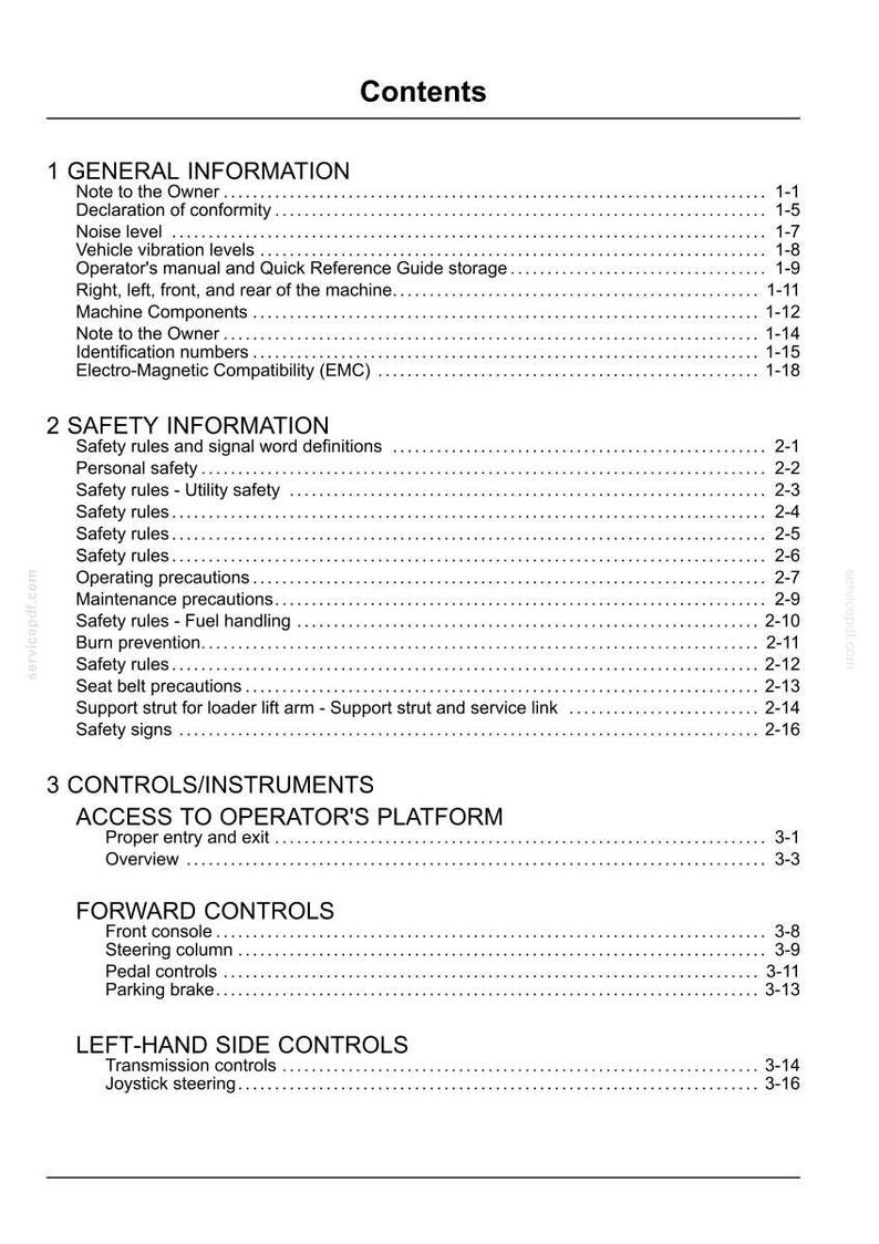 May include: A white document titled "Contents" with a list of topics and page numbers. Sections include General Information, Safety Information, and Controls/Instruments. The document is likely a manual or guide.