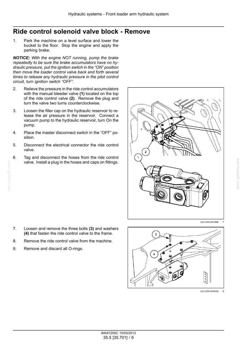 K&ouml;nnte beinhalten: Eine technische Dokumentationsseite mit dem Titel Ride control solenoid valve block - Remove, die schwarz-wei&szlig;e Strichzeichnungen einer hydraulischen Ventilbaugruppe mit nummerierten Komponenten und Anweisungen zur Demontage zeigt.