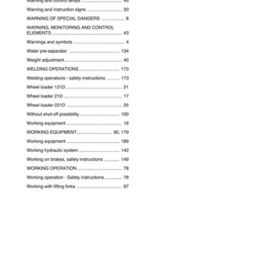 May include: A white page from a manual with a table of contents. The table lists various topics, including "Warning and control lamps," "Welding operations," and "Working equipment." Page numbers are listed to the right of each topic.