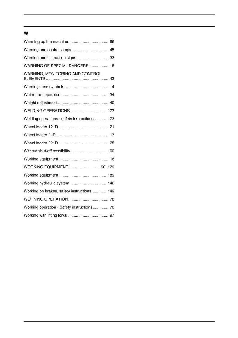 May include: A white page from a manual with a table of contents. The table lists various topics, including "Warning and control lamps," "Welding operations," and "Working equipment." Page numbers are listed to the right of each topic.