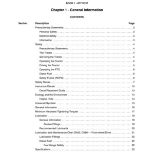 May include: A white document with black text detailing the contents of a manual. The title reads "SECTION 00 - GENERAL INFORMATION" and "Chapter 1 - General Information." The table of contents lists safety, operation, and maintenance topics.