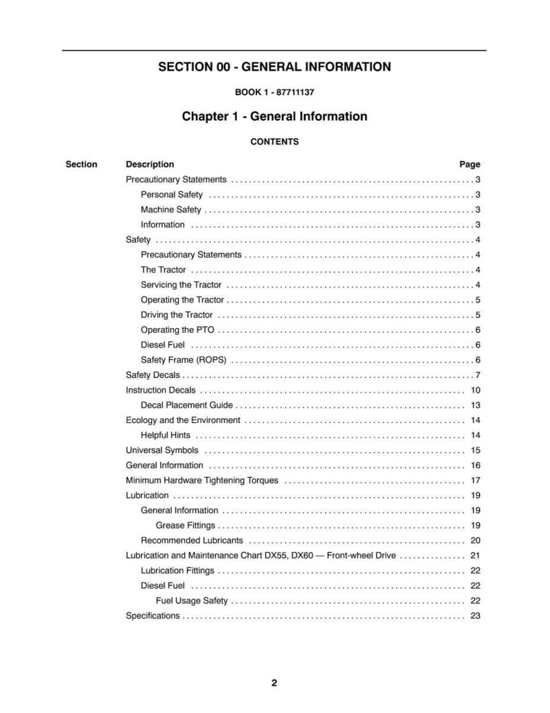 May include: A white document with black text detailing the contents of a manual. The title reads "SECTION 00 - GENERAL INFORMATION" and "Chapter 1 - General Information." The table of contents lists safety, operation, and maintenance topics.