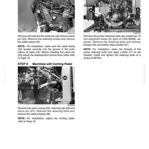 May include: Technical diagram with detailed instructions for machinery repair. The image shows close-up views of mechanical components with labels and steps. Text includes instructions for removing and installing parts, with torque specifications.