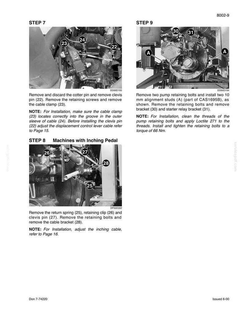 May include: Technical diagram with detailed instructions for machinery repair. The image shows close-up views of mechanical components with labels and steps. Text includes instructions for removing and installing parts, with torque specifications.