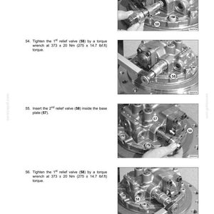 May include: Diagram of a travel device assembly process. The image shows step-by-step instructions for inserting and tightening relief valves (58) into a base plate (57) using a torque wrench. The text includes torque specifications in Newton-meters and foot-pounds.