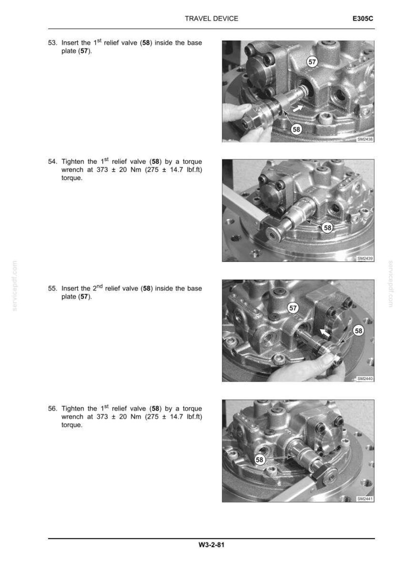 May include: Diagram of a travel device assembly process. The image shows step-by-step instructions for inserting and tightening relief valves (58) into a base plate (57) using a torque wrench. The text includes torque specifications in Newton-meters and foot-pounds.